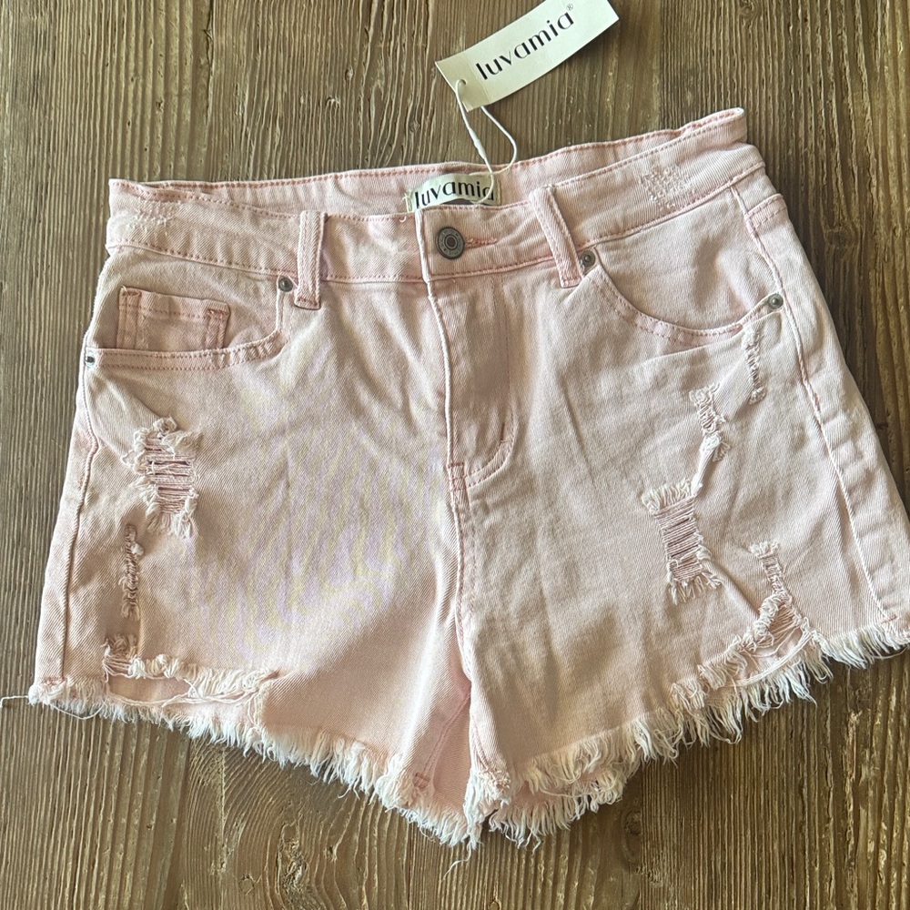 Luvamia Light Pink Frayed Hem Jean Shorts for Women medium 29”